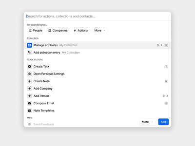 Attio – Smart Search / Quick Actions attio clean context suggestions crm emails filters input ui keyboard minimal modern quick actions search sheet shortcuts simple smart search tasks ui user centered ux