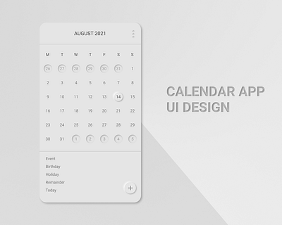 Calendar app Neumorphism UI app app ui beginner calender app color design designer figma figma design learner mobile app mobile ui neumorphism typography ui ui design uiux user interface ux wireframes