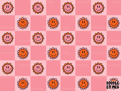 Pink Smiley Face Checkerboard Print 60s 70s checker checkerboard checkered design drawing floral print flower flowers illustration orange pattern pink print procreate smiley face surface pattern surface pattern design vintage