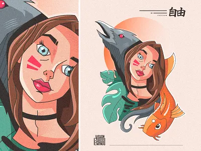 Freedom art crow drawing female fish freedom girl illustration japanese koi lady raven tshirt