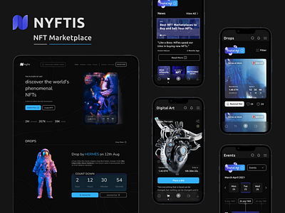 Nyftis NFT Marketplace 3d animation app blockchain crypto dark mode defi design graphic design illustration landing page logo marketplace minimal mobile nft ui ux web3 website