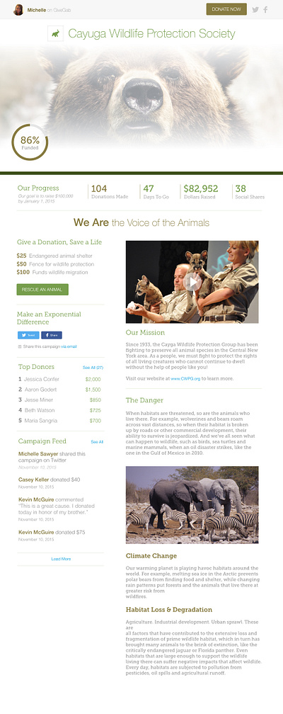 Fundraising Campaign Page animals campaign crowd funding design donations fundraising layout preservation ui wildlife