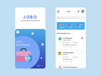 Job Search App - JOBO android app bag blue branding card design gradient illustration job linear mobile app mobile ui modern onboard search ui ui design user interface work