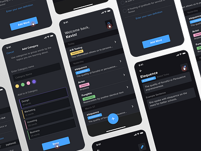 Vocabulary tracking App branding dark theme product design ui design vocabulary