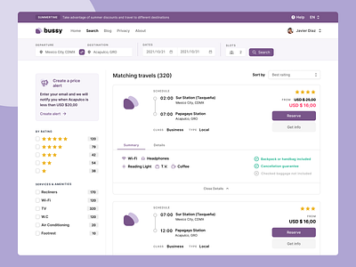 Bussy — Trips Search Results clean colors design dribbble filters interface platform query results redesign results search travel ui ui design ux ux design web webapp website