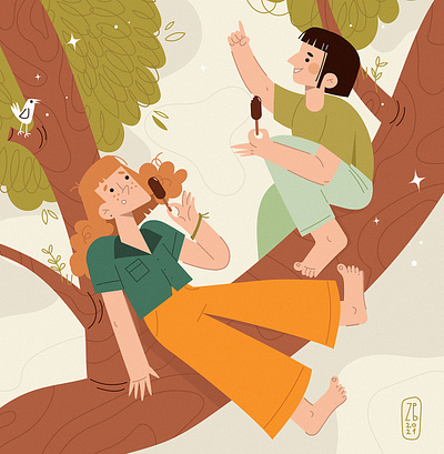 girls characterdesign forest friends friendship girls ice cream illustration inspiration redhead tree