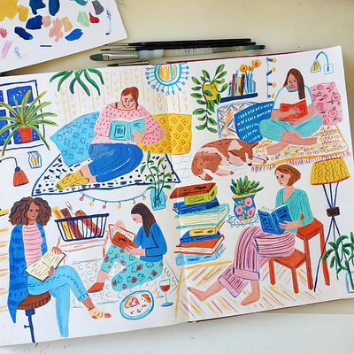 Book lovers art books drawing gouache hand drawn illustration painting people drawing reading sketchbook