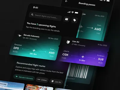 Trip Booking App UI boarding pass card darkmode flight gradient mesh gradient plane travel trip