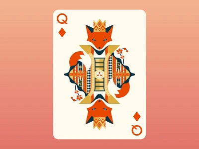 Quinn the Fox Playing Cards: Queen of Diamonds animals cards color colour cool cute design flat design fox foxes geometric illustration illustrator nature playing cards poker queen of diamonds quinn the fox