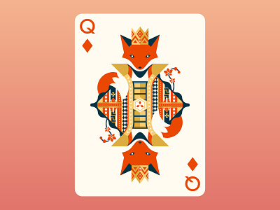 Quinn the Fox Playing Cards: Queen of Diamonds animals cards color colour cool cute design flat design fox foxes geometric illustration illustrator nature playing cards poker queen of diamonds quinn the fox