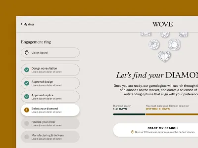 Wove — Custom Crafted Rings — Marketing and Product Design design system engagement ring illustration jewlery landing page luxury marketing onboarding product design ring serif wedding band