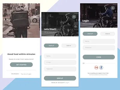 Food Delivery App Start and Login app branding design figma food logo photoshop typography ui ux