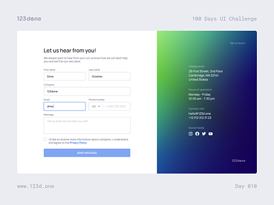 Day 010 — Contact Page | 100 days UI challenge 123done contact contact form contact page dailyui dailyuichallenge design design system figma interface ui ui kit universal ui kit (web)