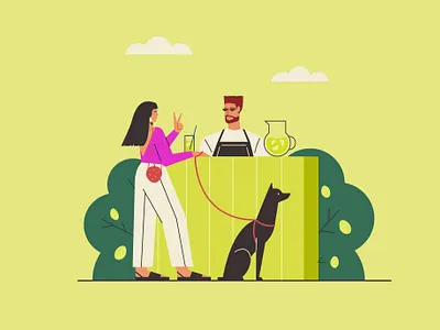 Fresh lemonade bar character design dog drink fresh girl hot illustration lemonade lime man pet pretty summer vector woman