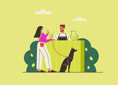 Fresh lemonade bar character design dog drink fresh girl hot illustration lemonade lime man pet pretty summer vector woman