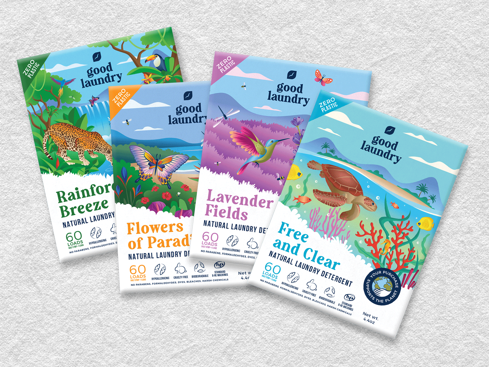 Packaging design for natural laundry detergent animals branding design detergent drawing fish flat art flower forest graphic design illustration label laundry lavander natural ocean sea tropic