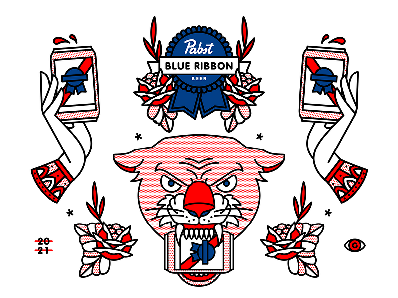 Pabst Blue Ribbon x Red Halftone flashsheet halftone illustration monoline pabstblueribbon panther pbr redhalftone tattoo