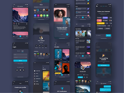 Social Media UI Kit - Dark Theme app clean facebook fun gumroad instagram minimal mobile ui social social media ui kit ui kit design uimodern ux vibrant