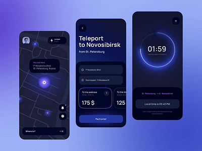 Teleportation app concept #3 animation app dark dark theme design future glow go interface ios app map mobile app mobile ui navigation product design purpule taxi teleportation ui ux