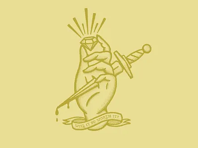 Will it be worth it? badge banner blood dagger diamond grit hand illustration knife lone pine procreate rays ribbon sailor stab stippling tattoo texture vintage yellow