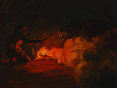 Hunting bonfire forest hunter illustration impressionism night painting panter smoke spear texture