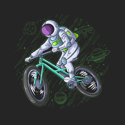 astronaut ride bicycle artwork artworker astronaut bicyle drawing freelancer gravity hire illustration planet rocket sky spaceman stars universe