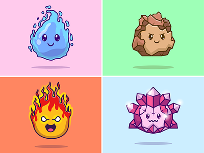 Cute element character💧🪨🔥❄️ burn character crystal cute element expression face fire hot ice icon illustration liquid logo luxury nature rock shape stone water