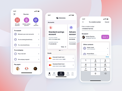 Advanced payments with PROXIMA mobile bank app (Concept) bank app clean app clean ui design digital banking fintech ios app mobile mobile app mobile payments payments qr code payment send money ui upi ux ux design visual design white