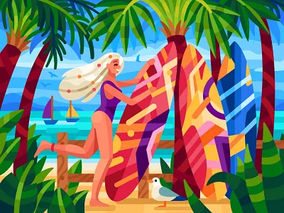Summer vibes beach coloring book design flatdesign gallery game illustration girl illustration sea summer vibes sunbathing surfboard surfer ui vector vector illustration
