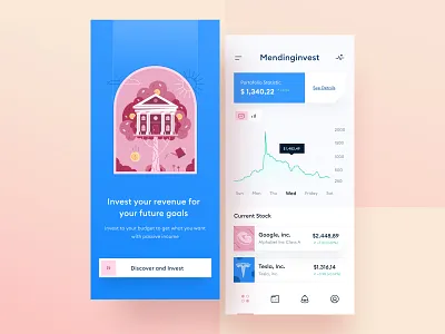 Investment App π android blue branding card chart clean crypto financial illustration income invest ios mobile money orange phone pink red ui website