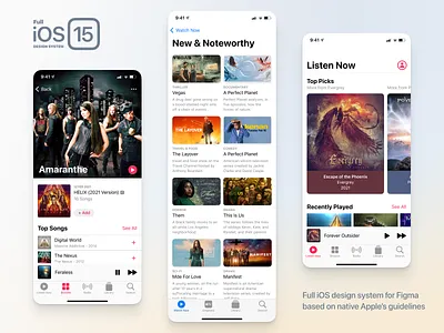 Full iOS 15 UI Kit — Media Screens android audio dark design figma gui interface ios ios15 iphone light media mobile player system ui ux video