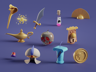 Disney items #2 aladdin animation apple b3d blender disney hercules icons illustration isometric kuzko movies snowwhite