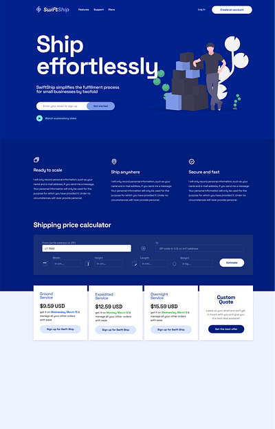 Shipment Company Landing Page / Marketing Website (3) blue boxes branding clean company convincing design figma flat illustration modern professional rich blue shipment trustworthy ui vector