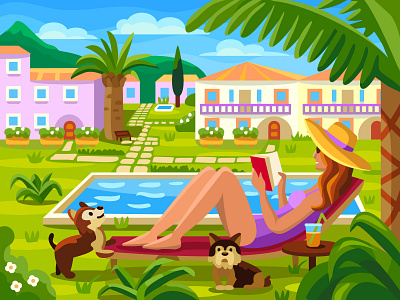 Hotel art artwork character colorbook coloringbook design digital digital art dog flat girl hotel illustration mobile game relaxation summer sunny ui vector