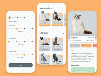 Purrfect Match Cat Matching Mobile App adoption app cat cat app component design design interaction design micro interactions mobile app mobile design pets quiz app store design ui design ux design