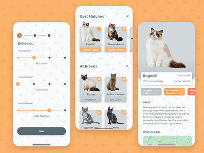 Purrfect Match Cat Matching Mobile App adoption app cat cat app component design design interaction design micro interactions mobile app mobile design pets quiz app store design ui design ux design