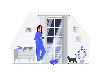 Cat Lover buildings cat cat lover coffee curtain design enjoy free time illustration moon night plant relax stars table vector view window women