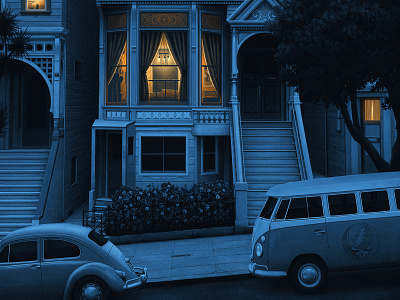 710 Ashbury - Grateful Dead band beetle bus grateful dead hippie house illustration moody music nicholas moegly night nostalgic poster san francisco screenprint volkswagen vw