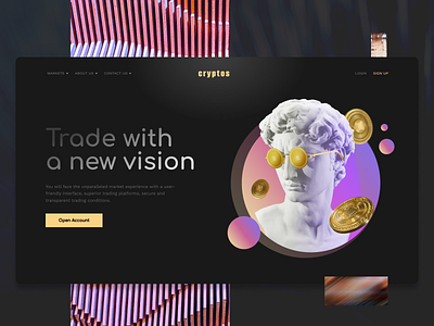 Trading Cryptocurrency & Exchange Website 3d bitcoin black circle crypto cryptocurrency exchange graphic design illustration landing landing page metavesre nft sphere statue trading ui vision website yellow