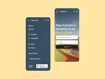 Travel. Mobile page clean first screen form landing menu mobile travel ui ux