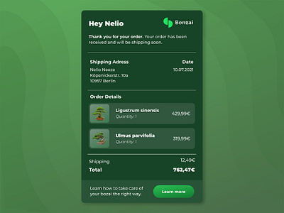 DailyUI Challenge No.17 bonzai challenge confirmation dailyui design email email receipt order receipt trees ui
