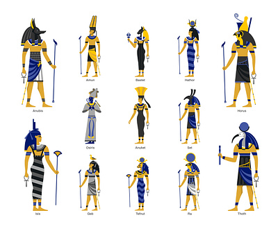 Egyptian ancient gods set ancient egypt flat god illustration mythology sculpture vector