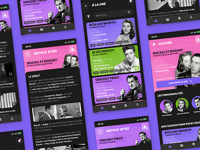 Mobile App - Articles stars vintages 60 acide app application article articles brutal cinema colors dark design figma mobile old peps retro stars ui ux vintages