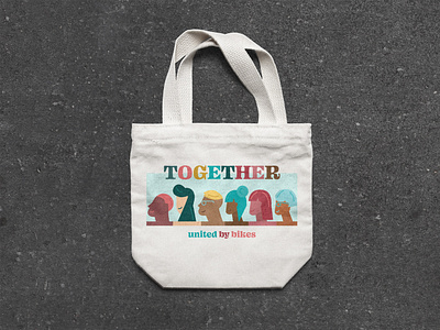 Together, united by bikes art bikes community cycling design equity illustration inclusivity letters people of color together typography vector