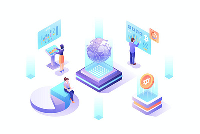 Cryptocurrency Isometric Vector Illustration 3d animation 3d art 3d illustration analysis app bitcoin coin crypto crytpocurrency data digital figma flat graphic illustration isometric management page people sketch