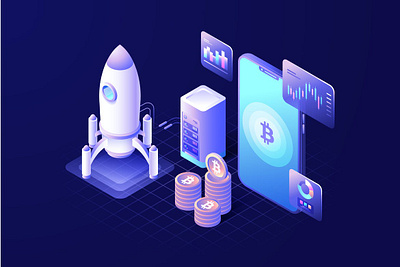 Cryptocurrency Isometric Vector Illustration 3d animation 3d art 3d character 3d illustration app bitcoin coin crypto cryptocurrency digital figma flat graphic illustration isometric landing page rocket sketch smartphone