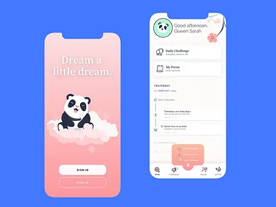 Qexie branding checklist cute design illustration mental health mobile panda ui ux wellness wip