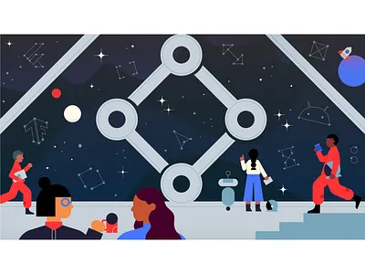 ᕕ( ◔3◔)ᕗ character character design conference constellations google illustration illustrator open source outerspace planets solar system space space suit spaceship univer vector