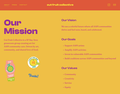 Cut Fruit Collective - Our Mission animation contact form css css animation custom cursor design html landing page navigation menu non profit squarespace web design website