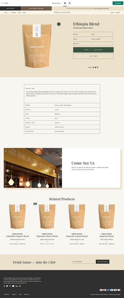 Product Page — Shopify Theme Design cafe website coffee ecommerce logo pdp product page shopify shopify theme template design theme design ui user experience user interface ux website design